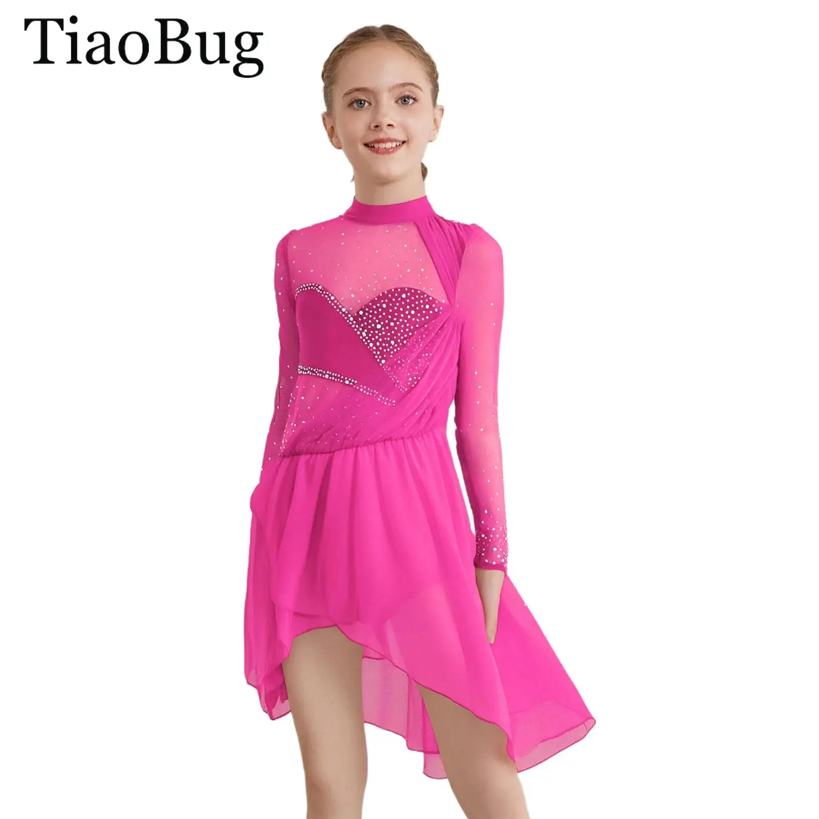 

Girls Sparkly Rhinestones Ballet Gymnastics Figure Ice Skating Leotard Dress Long Sleeves Sheer Mesh Split Lyrical Dance Costume