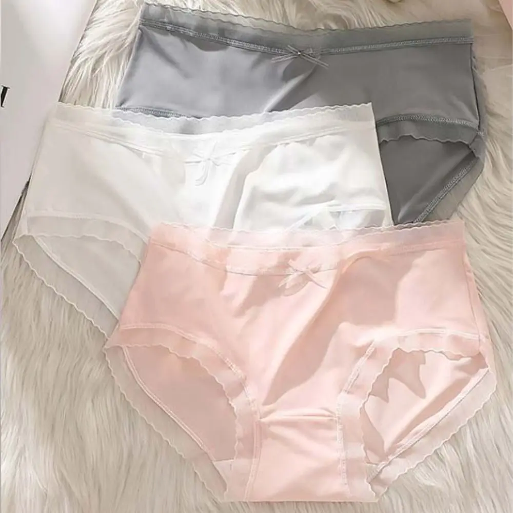 Lightweight Bow Ice Silk Panties Mid Waist Transparent Ruffle Briefs Female Lingerie French Style Underpants for Women Women