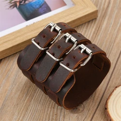 2024 Trend Jewelry Handmade Weave Genuine Leather Bracelet Men Vintage Cuff Wide Leather Bracelet Pulsera Hombre