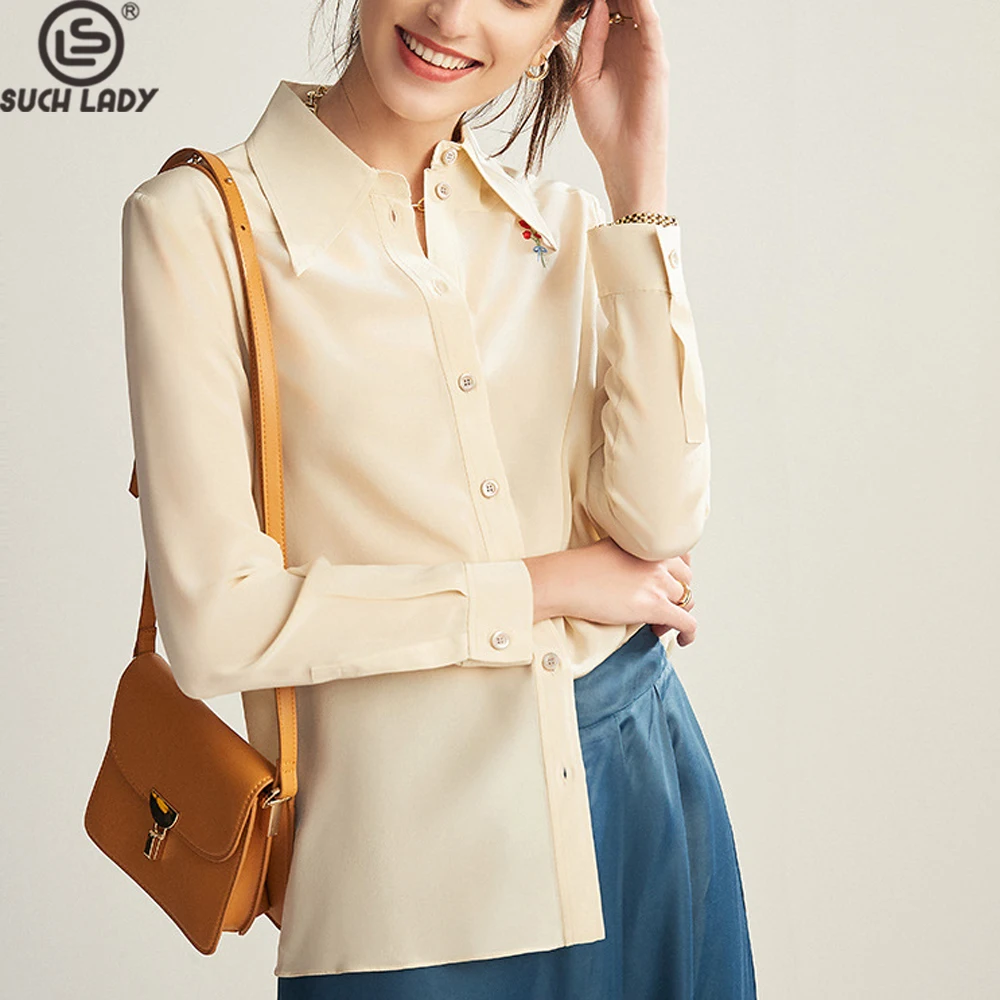 

Женская рубашка из 100% шелка с отложным воротником и длинными рукавами, вышивка, элегантная модная блузка, топы