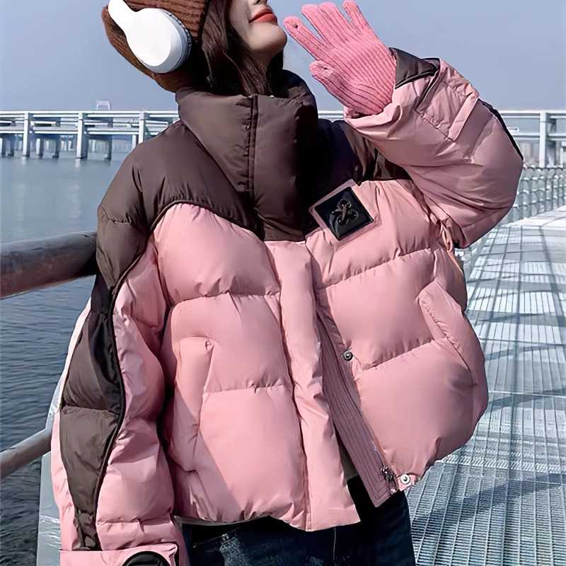 Down Jackets for Female, Collision Winter Coat, Korean Fashion, Splicing Puffer Jackets, Thick Loose Warm Parka Coats, New, 2024