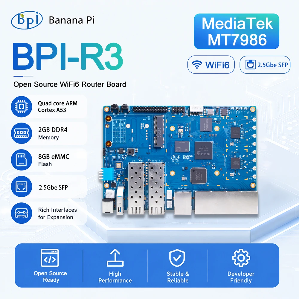 Banana Pi BPI-R3 MediaTek MT7986 Quad Core Processor Motherboard 2G DDR4 8G eMMC Flash Openwrt Open source Smart Router Board