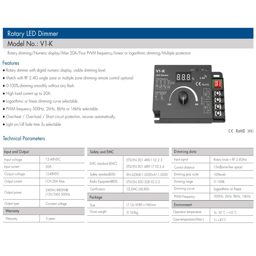 V1-K LED Dimmer DC12-48V PWM Frequency 1CH 20A Wireless Rotary Knob 2.4G RF Remote R11 RT6 Controller for Single Color LED Strip