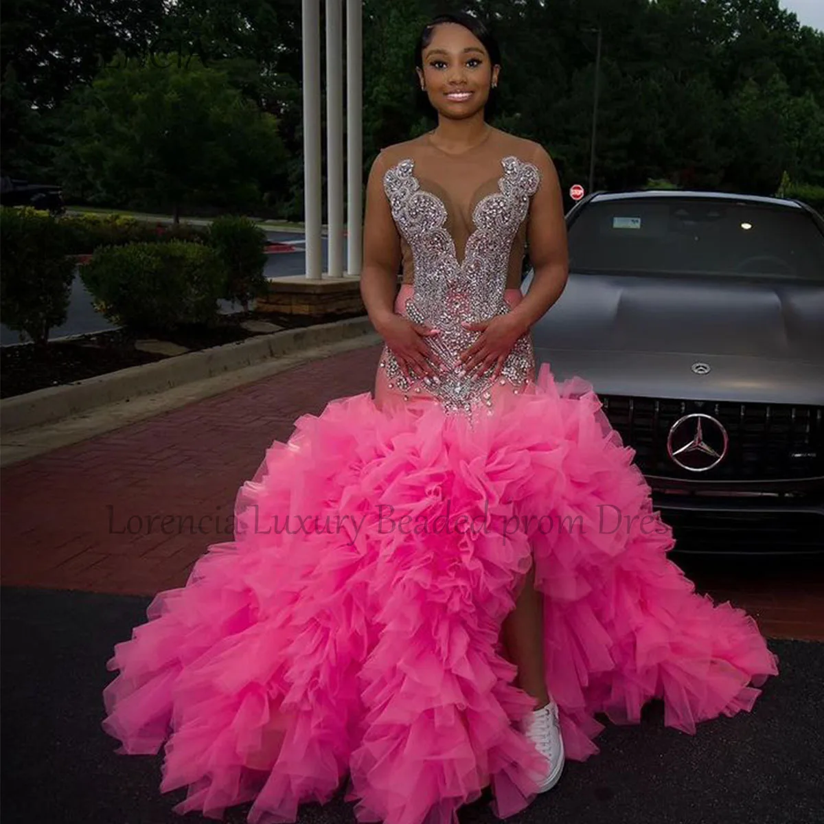 Pink Mermaid Bride Dresses Crystal V-Neck Layered Black Girl Ruffle Draped Pleat Applique Open Back Prom Dress Robe de soirée