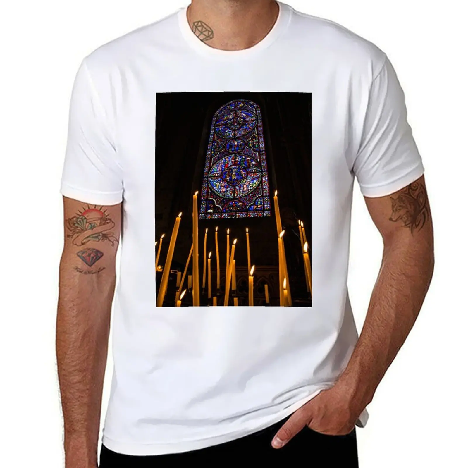 

France. Bourges. Cathedral. Stained Glass Window and Candles. T-Shirt t shirts for man pack white funny t shirts cotton T-Shirt