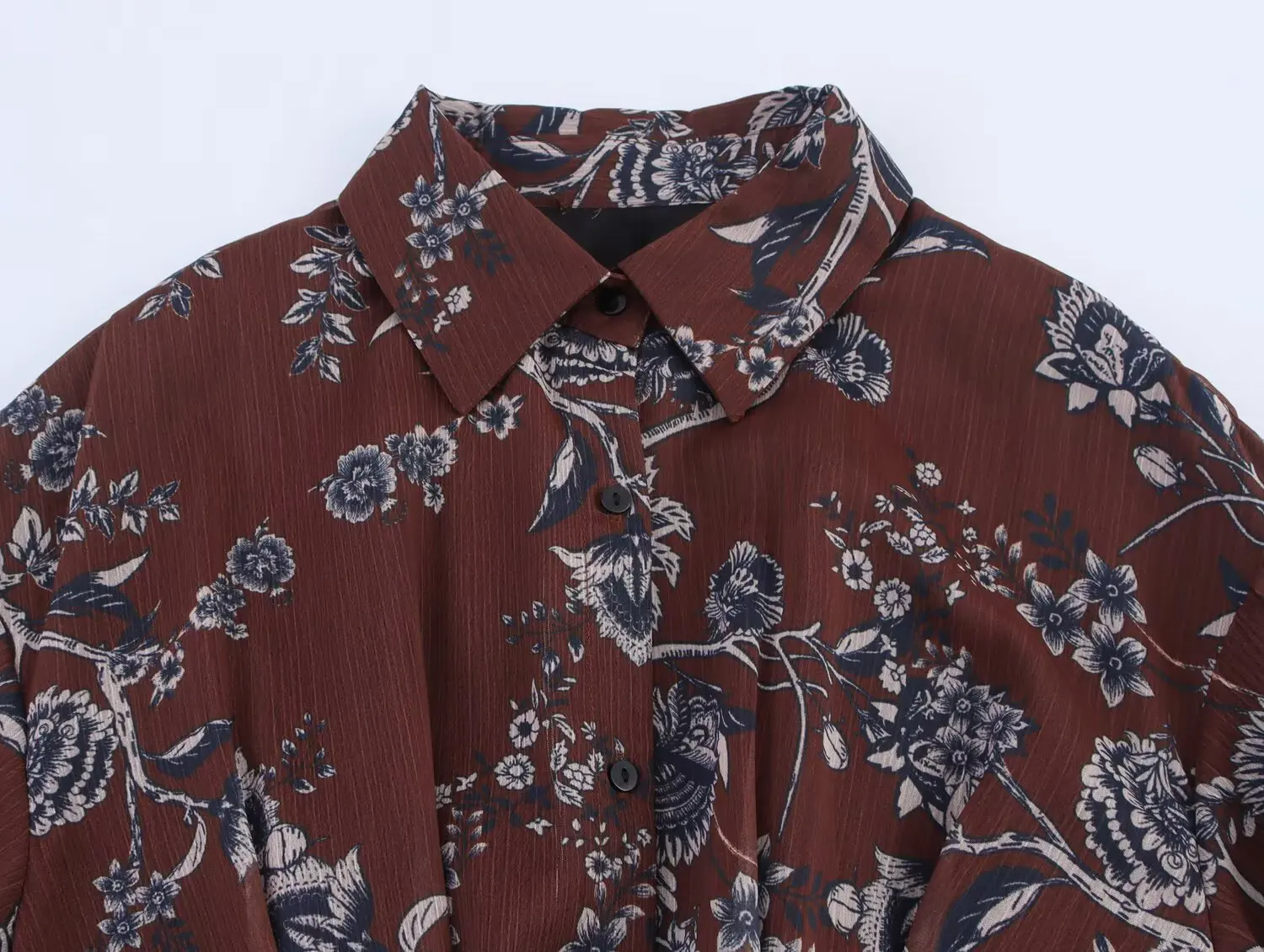 Women Ethnic Elastic Waist Puff Sleeve Midi Dresses Robe Flower Print O Neck Open Buttons Chiffon Shirt Dress