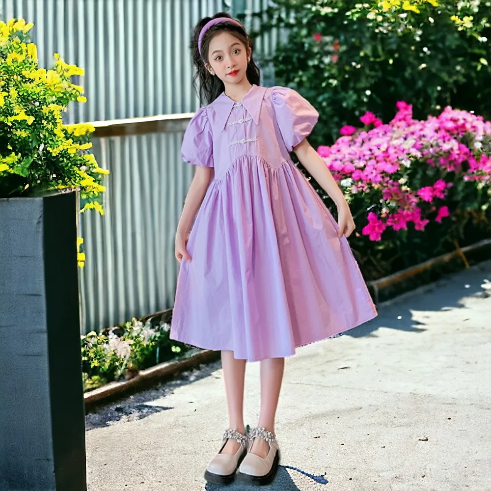 

Baby Girls Purple Elegant Dresses Summer Outfits Kids Clothes Short Sleeve Kids Princess Dress School Costumes 4 6 8 10 Years