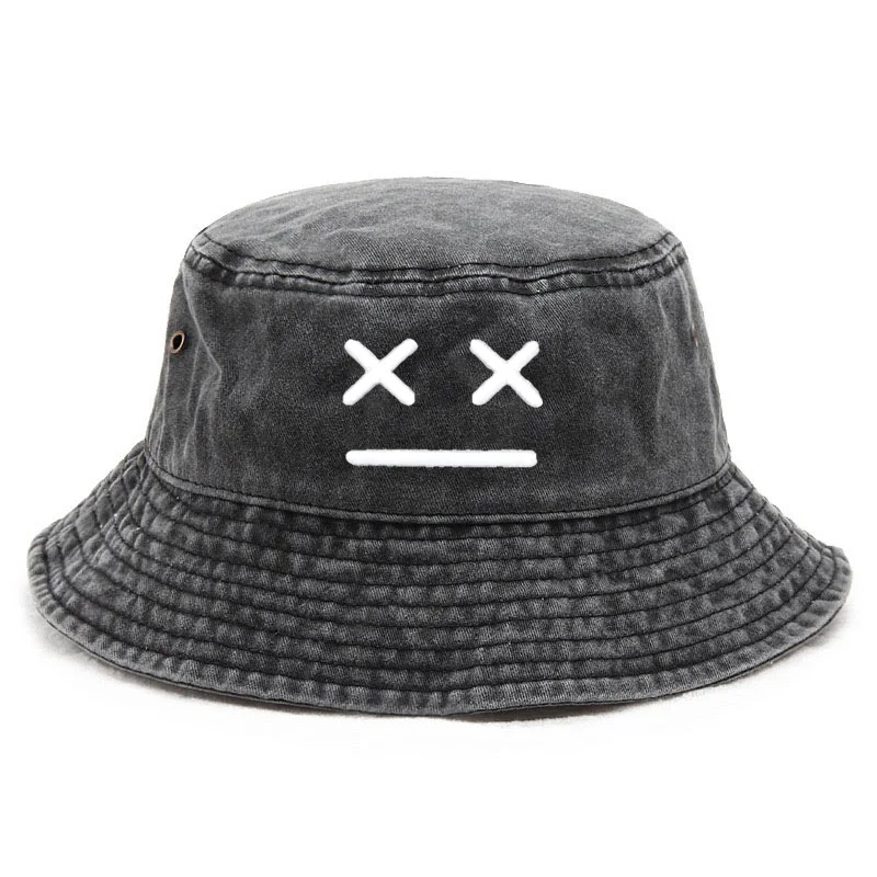 للجنسين XX الوجه المبتسم التطريز شخصية غسلها دلو القبعات الصيادين قبعات في الهواء الطلق قبعة خمر عادية واقية من الشمس قبعة الرياضة