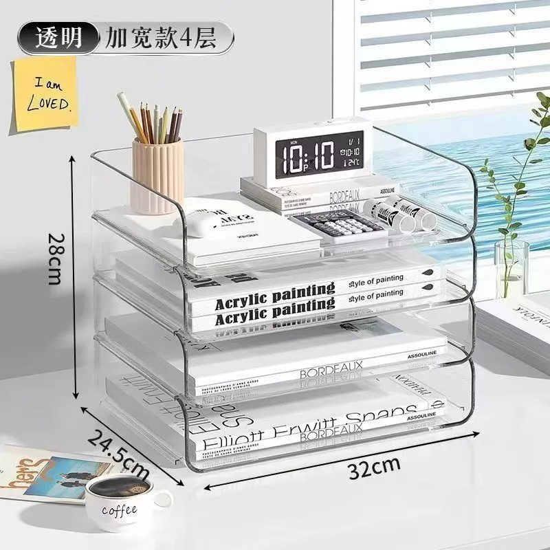 Transparent Stackable Desktop Storage Box A4 Paper File Organizer Clear Office Document Tray Stationery Book Shelf Holder