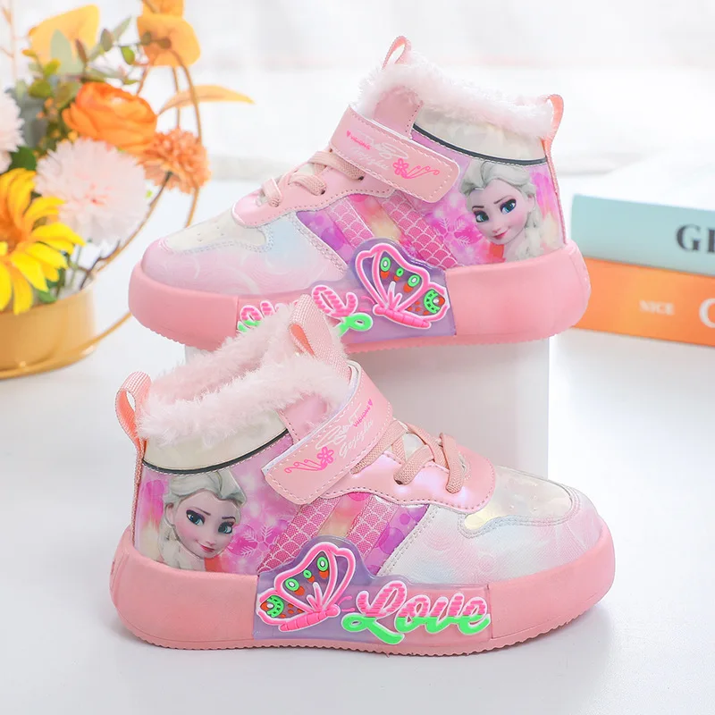 Disney Princess Elsa High Top Casual Board Shoes Children's Autumn and Winter Plus Plush Sports Shoes Korean Style Trend Shoes