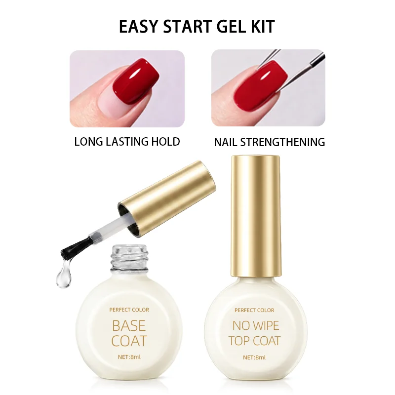 PERFECT COLOR Easy Start Gel Kit, No Buffing 2-in-1 Base Coat & No Wipe Top Coat Set, UV LED Gel Polish Cure, DIY Nail Art