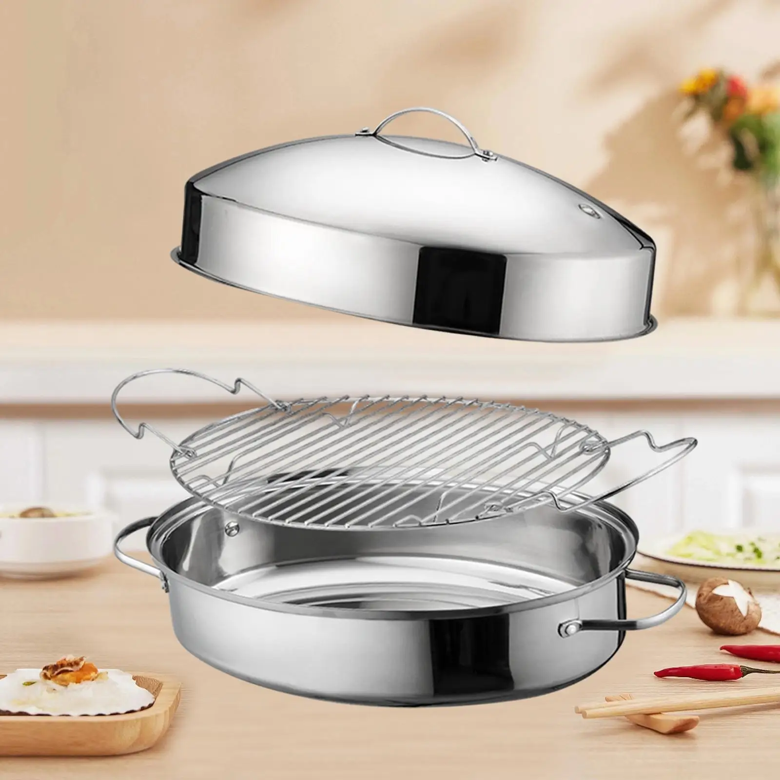 

Stainless Steel Roasting Pan Easy to Clean with Lid Pasta Pot Kitchen Utensils Fish Steamer for Restaurant Home Potatoes Cereals