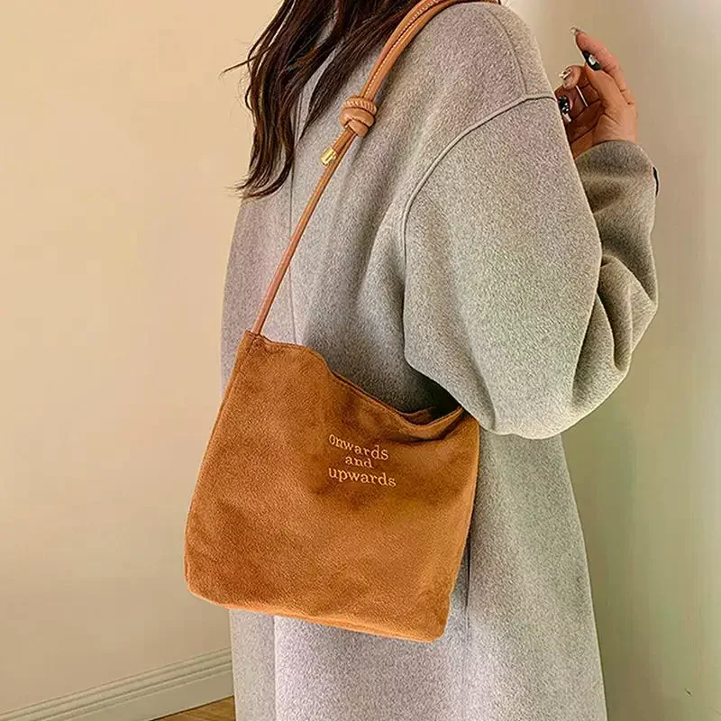 Women's Suede Handbag Large Capacity Popular Letter Pattern Magnetic Buckle Lightweight Tote Bag for Birthday Gifts for Ladies
