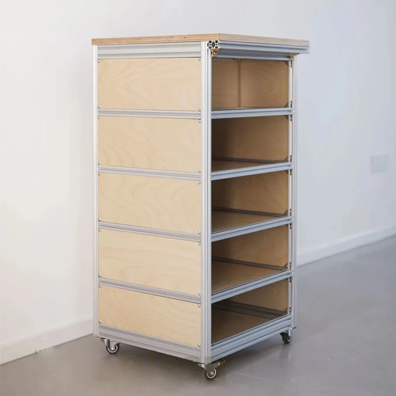 Birch Plywood Ocean Board Aluminum Frame Entryway Drawer Storage Cabinet Minimalist Home Multi-Tier Drawer Shelf without