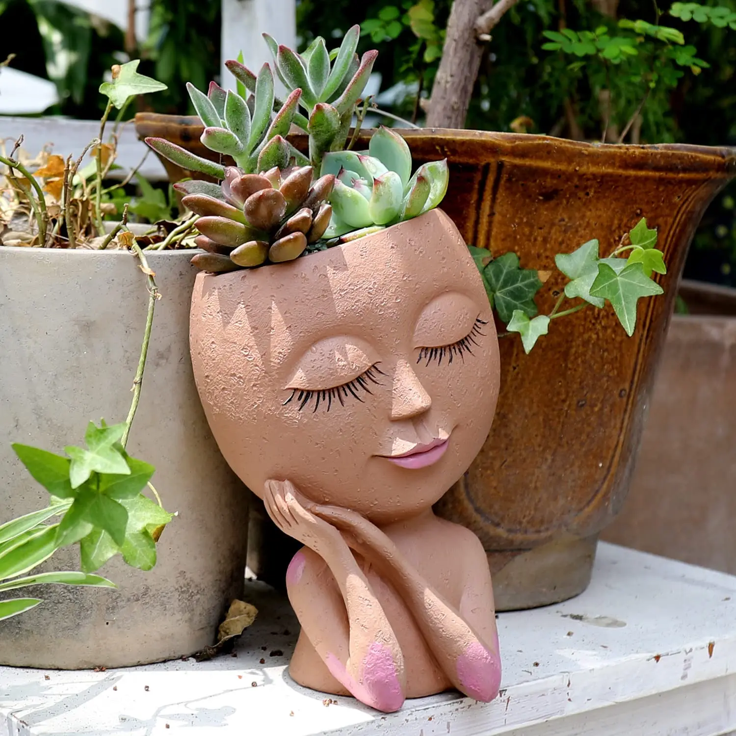 Girls Face Head Flower Planter Closed Eyes Figure Sculpture Resin Flower Pot With Drain Hole Cartoon Doll Vase