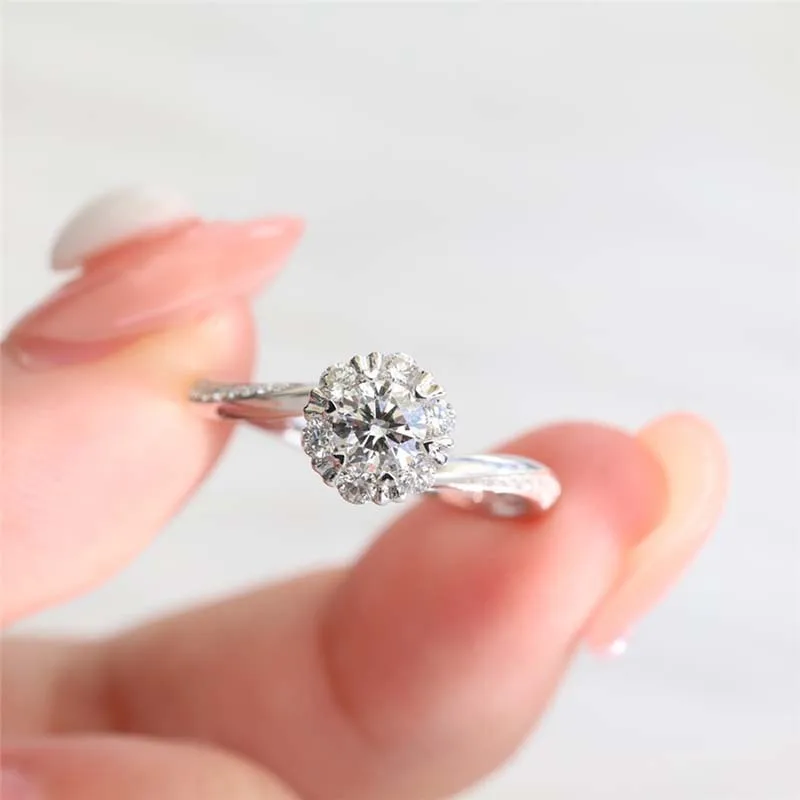 Luxury 925 Sterling Silver Flower Ring for Women Exquisite Fashion Metal Inlaid White Zircon Stones Wedding Ring Jewelry