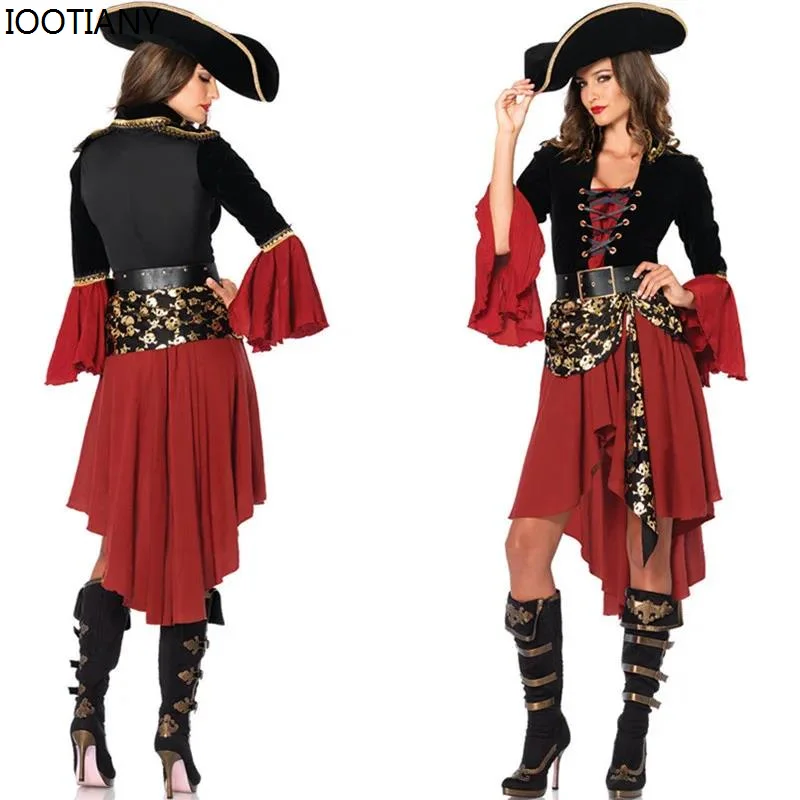 Halloween Pirate Cosplay Captain Jack Sparrow Caribbean Female Captain Costume Adult Luxury Stage Costume Gothic Medieval Dress