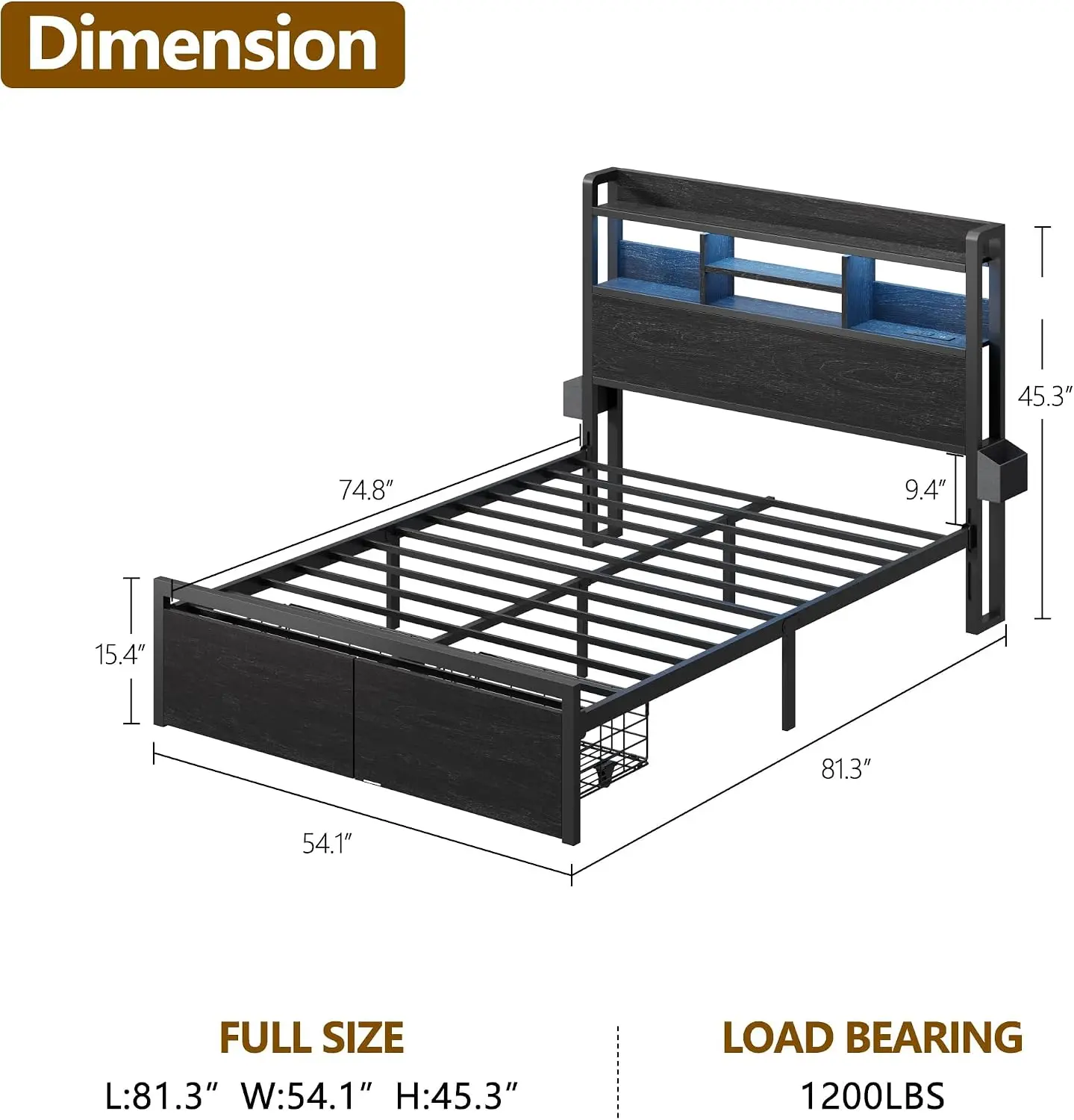 Full Size Bed Frame Featuring a Headboard, Charging Station and Two Drawers