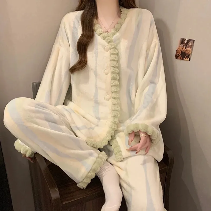 

Женский пижамный комплект из кораллового флиса, зимняя теплая одежда для сна, уютная удобная хлопковая фланелевая домашняя одежда, домашняя одежда, костюм, осенняя одежда для сна