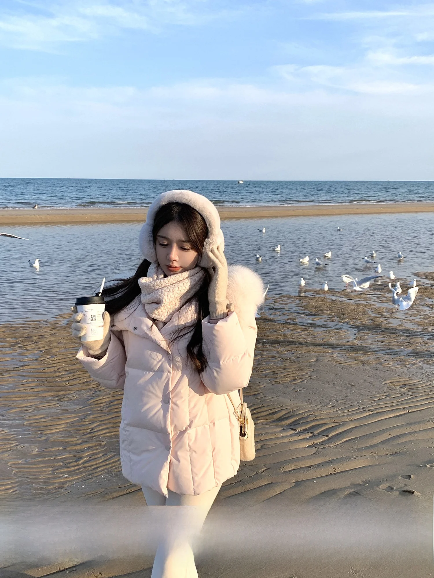 

New Winter 2025 Women's Puffer Jaet Fur Collar 95 White Du down Thi Warm Sweet Sle Long Sve Coat Outerwear