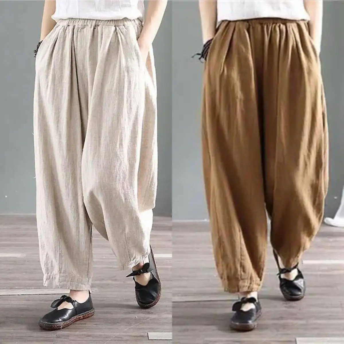 夏無地ランタンパンツ女性ルーズカジュアル大きいサイズお父さんワイドレッグキャロットヴィンテージハーランコットンリネンパンツ