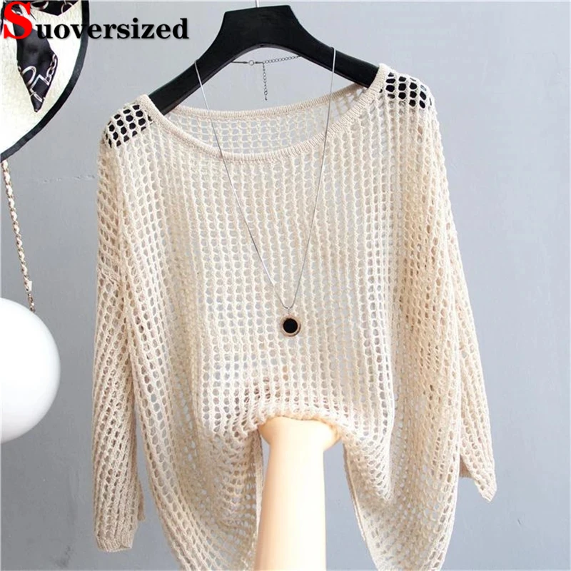 New Plus Size 4xl 90kg Knitted Pullover Summer Hollowed Out Tops Ice Silk Knitwear Sweaters Women Sunscreen T-shirt Fashion Tees