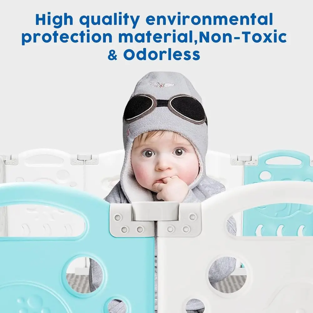 14-Panel Baby Play Yard with Safety Lock - Adjustable Kids Playpen for Indoor/Outdoor Use (Blue & White)