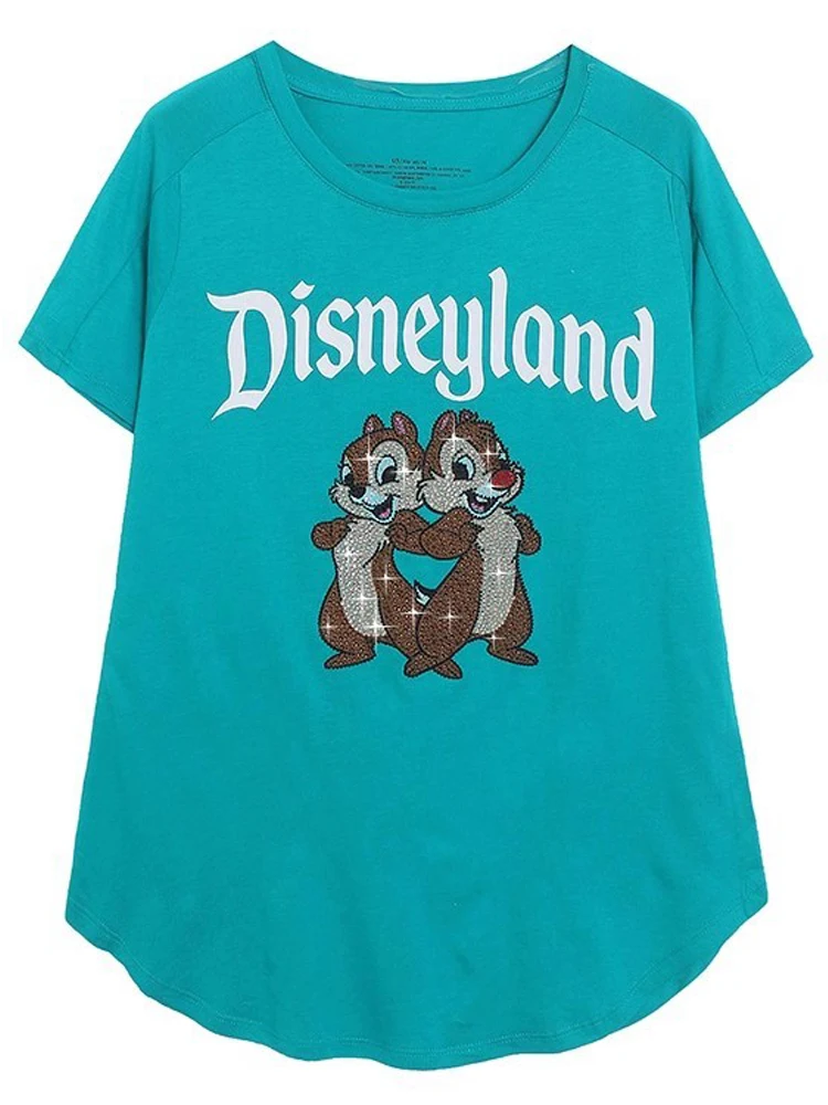 ديزني لاند والت ديزني العالم رقاقة آن ديل الكرتون طباعة الماس تي شيرت المرأة عادية قصيرة الأكمام س الرقبة البلوز المحملة القمم