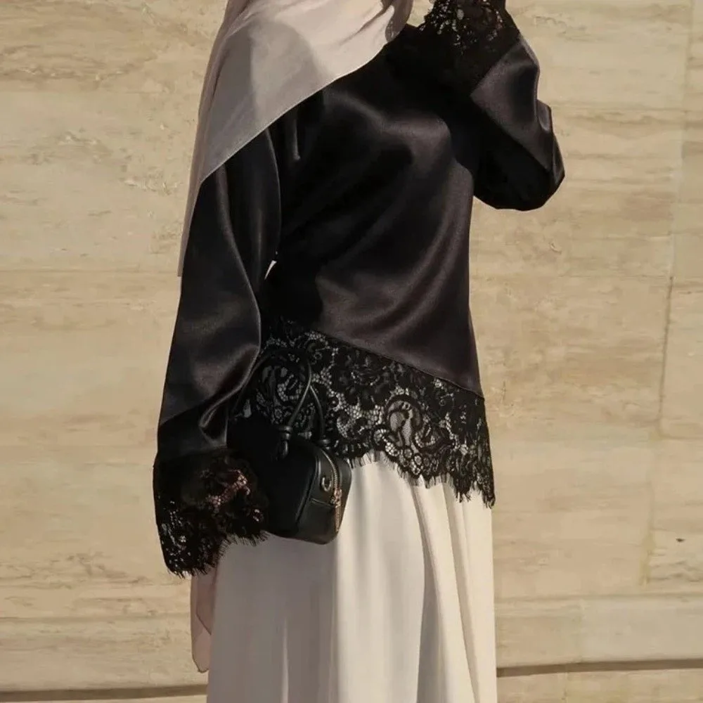Satin Lace Patchwork Long Shirt Waist-cinching Round Neck Women's Lace-up Tops Solid Color Pullovers Slim Belted Blouse Spring