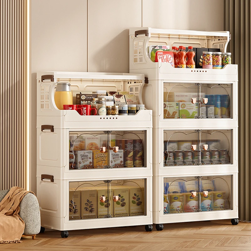 Folding storage cabinet - multi-level storage rack for kitchen clutter - home living room snack and toy storage cabinet