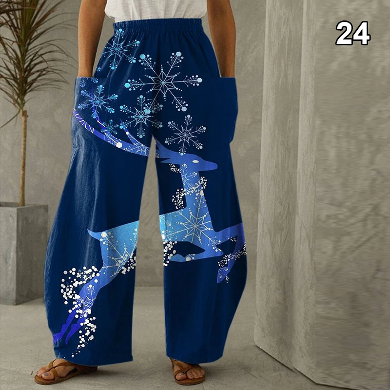 Unisex Christmas Digital Printing Pants Cartoon Fashion Loose Casual Big Pockets Wide Leg Pants Christmas Lantern Trousers
