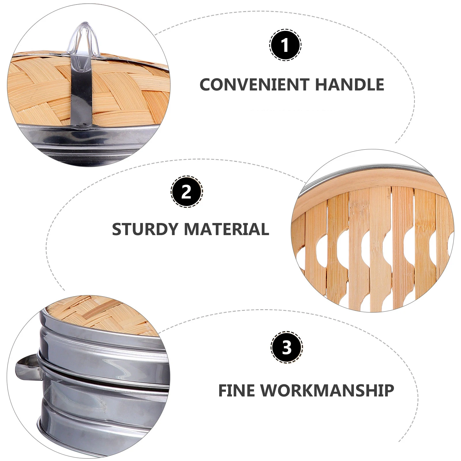 

1 set 22cm Stainless Steel Trimmed Bamboo Basket Double Handle with Lid for Buns Dumplings Vegetable Fish Reusable Eco Friendly