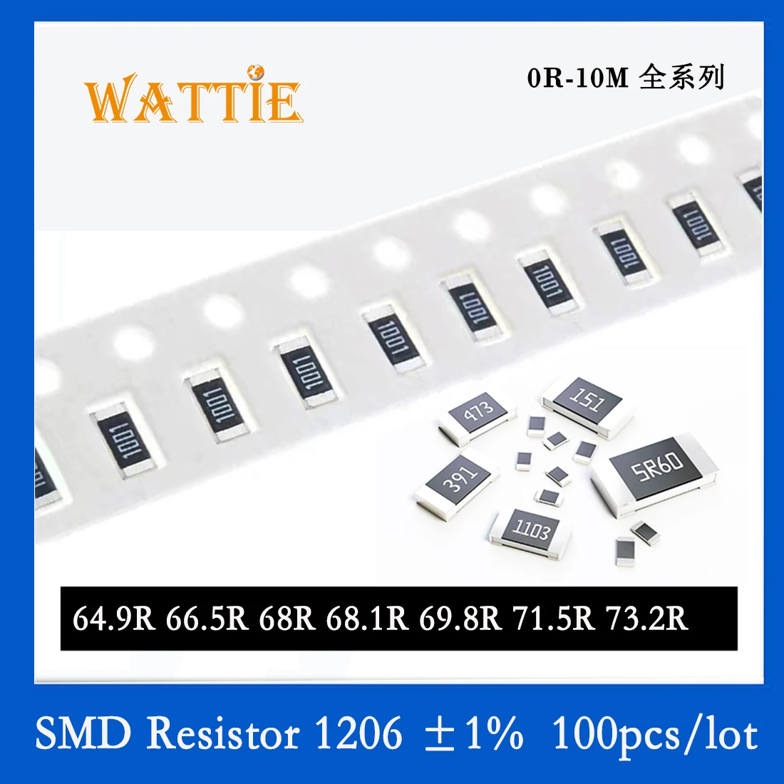 

SMD резистор 1206 1% 64.9R 66.5R 68R 68.1R 69.8R 71.5R 73.2R 100 шт./партия чиповые резисторы 1/4 Вт 3,2 мм * 1,6 мм