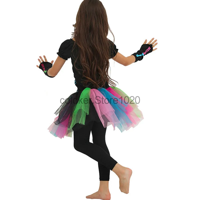 2024 Children Fancy Rainbow Skeleton Ghost Costume Kids Punky Skeleton Tutu Dress Girls Halloween Purim Carnival Party Outfits