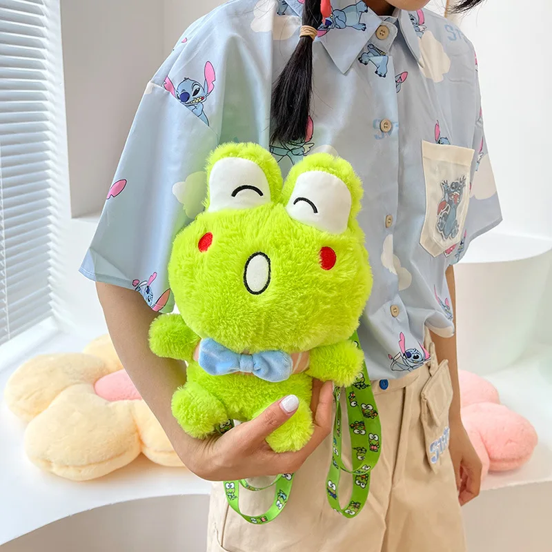 Kawai Sanrio Keroppi Plush Toy Cartoon Green Frog Backpack Shoulder Bag Cute Coin Purse Pp Cotton Stuffed Plush Bag Holiday Gift