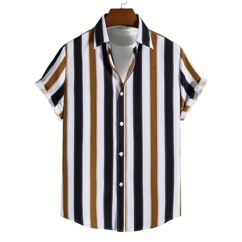 Camisa de manga corta con estampado a rayas para hombre, camisa informal a la moda, versátil, para vacaciones de verano, novedad de 2024