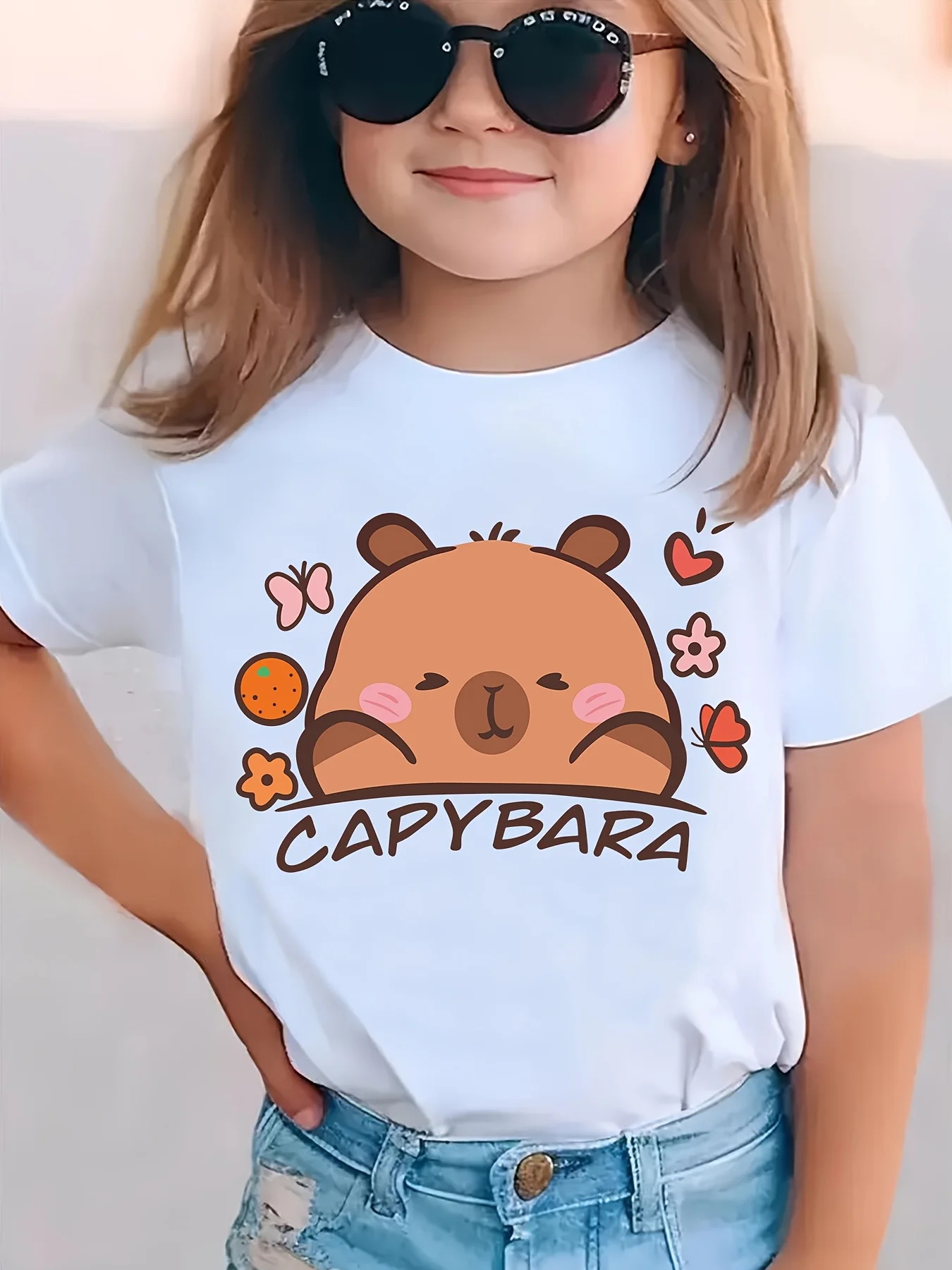 Lovely Capybara Flower Print Parent Child Cotton Short Sleeve Tees Animal Family Matching Tops For Parents Boys Girls ummer Wear