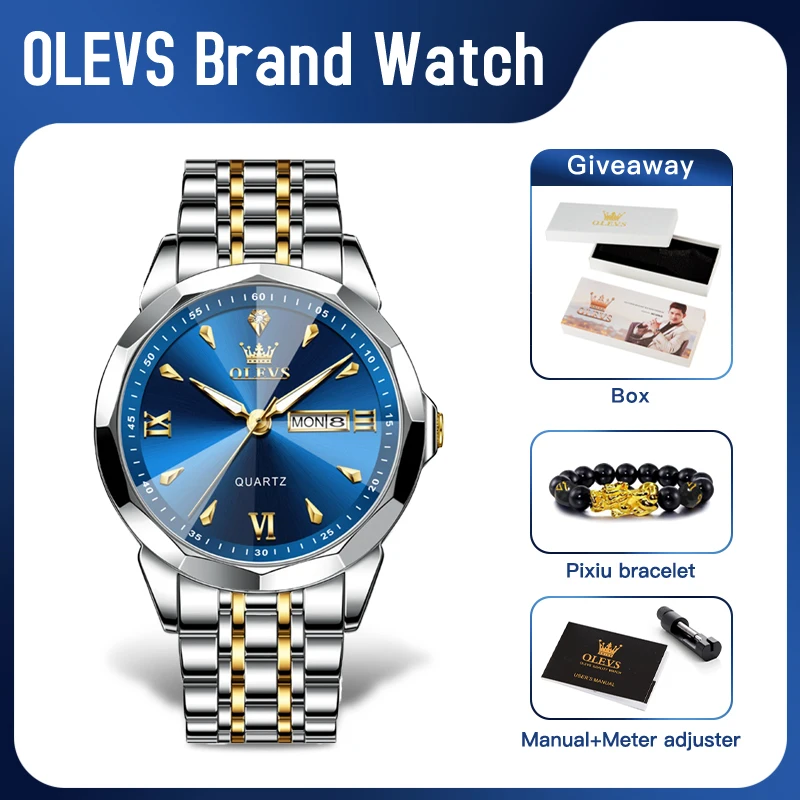 

OLEVS 9998 New Mens Watch Original Rhombus Mirror Quartz Watch Waterproof Luminous Dual Calendar Display Watch For Man Freebie