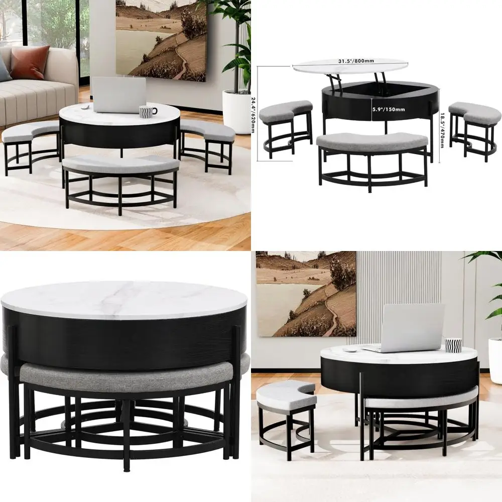 "طاولة قهوة حديثة مع مساحة تخزين قابلة للرفع و3 عثمانية، أثاث مستوحى من الرخام الأبيض/الرمادي لديكور غرفة المعيشة" #1