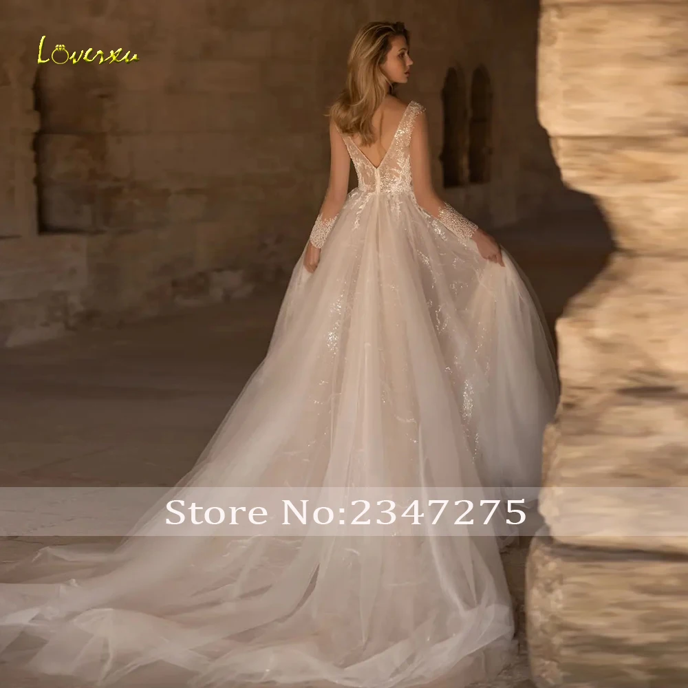 Loverxu A-Line Graceful Wedding Dresses Scalloped Long Sleeve Vestido De Novia Lace Embroidery Glitter Custom Made Bridal Gown