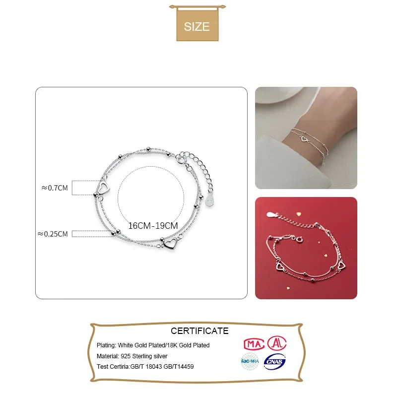 TrustDavis Genuine 925 Sterling Silver Fashion Double Chain Romantic Heart Bracelet For Women Valentine's Day Jewelry  DB1174