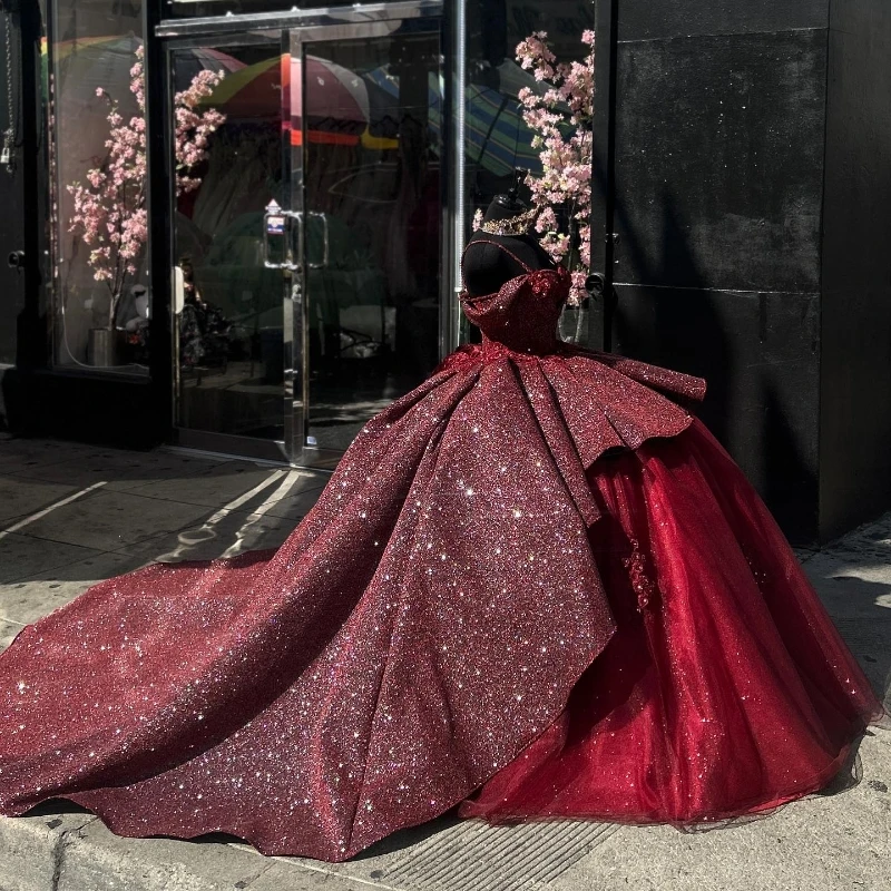 

Wine Red Shiny Quinceanrea Dress Off Shoulder XV Dress Para Eventos Especiale Applique Sweet 16 Princess Vestido De 15 Quinceañe