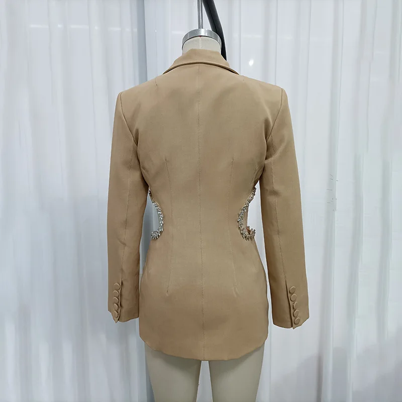 HKSH Women's Blazer Elegant Design Exposed Waist Diamonds Hollow Out Solid Color Trendy Niche High Street Slim Suit-Coat HK27095