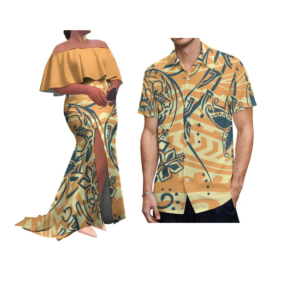 Elegant Polynesian Lady'S Floor-Length Dress With Ruffled Collar And Slit Design Customized Floral Print Couple'S Outfit