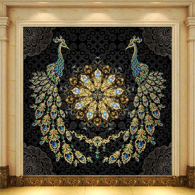 

Custom 3D Mural European Luxury Black Gold Gem Peacock Bedroom Wallpaper Living room sofa TV background wall bedroom restaurant