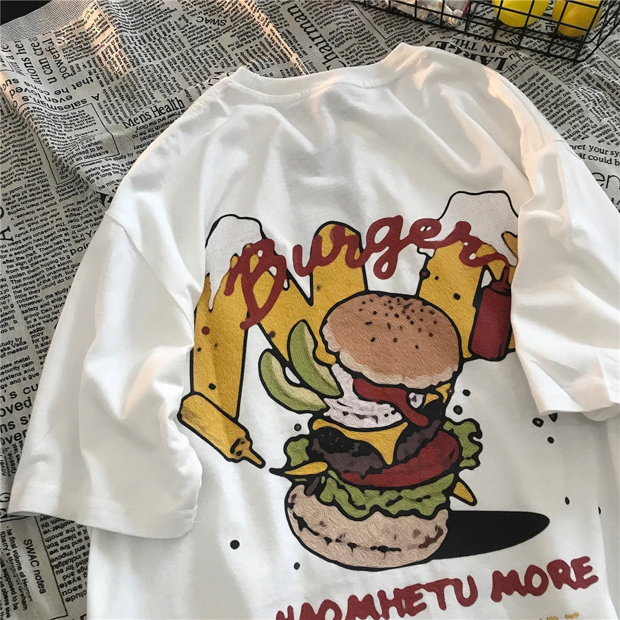 Retro hamburger cartoon print summer T-shirt women's top Harajuku fun oversize T-shirt men and women short-sleeved T-shirt