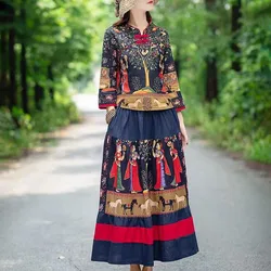 Retro China Style Women Cotton Linen Tops Skirt Set Clothing Ethnic Traditional Tang Suit Blouses Harajuku Fairy Orientale Ropa