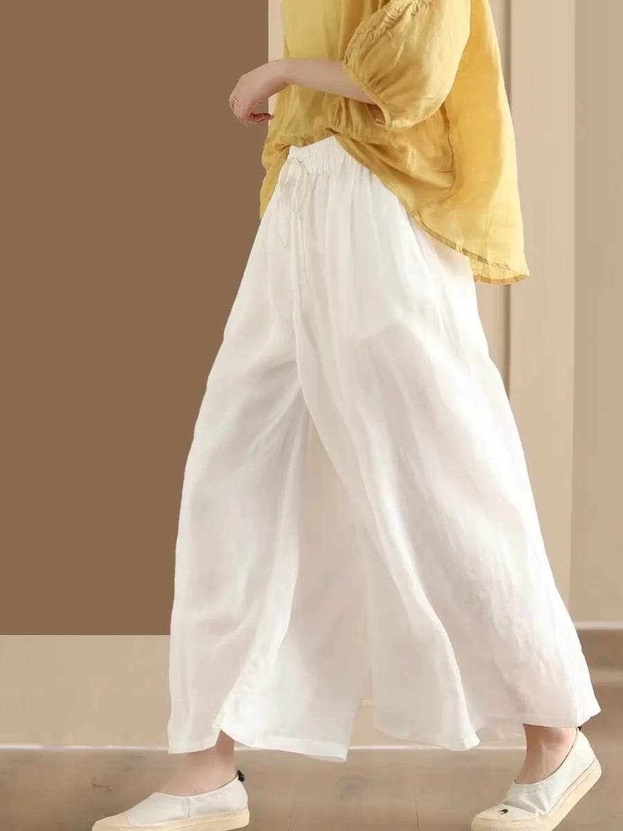 Retro Cotton Linen Wide Leg Pants Women Loose Double Layer Inner Casual Pants Elastic Waist Skirt Pants Long Pants
