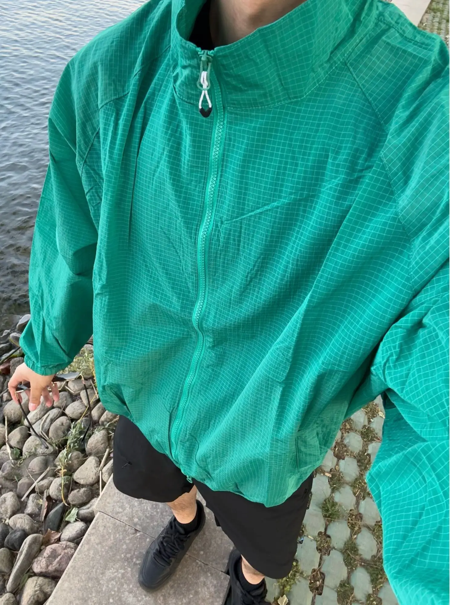 Lightweight Casual American Style Men's Summer Checkered Stand Collar Quick Dry Jacket Outerwear Anti UV Clothing Durable Zip...