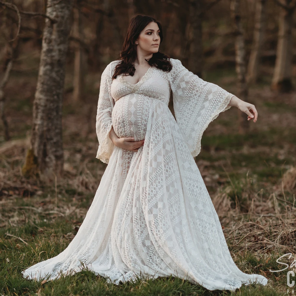 Bohemian Photo Shooting Pregnancy Dress Cotton V-neck Hollow Out Lace Long Sleeved Dress Photoshoot Dress For Pregnant Women